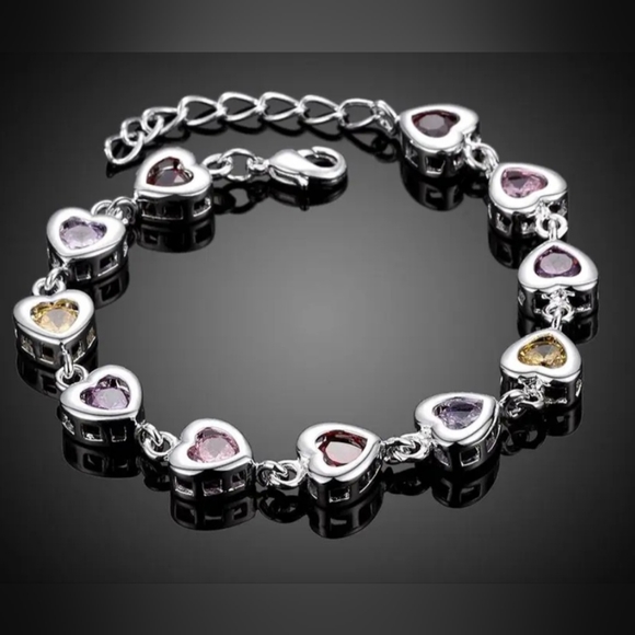 925 stamped Silver plated multi colored heart adjustable bracelet - Picture 1 of 12
